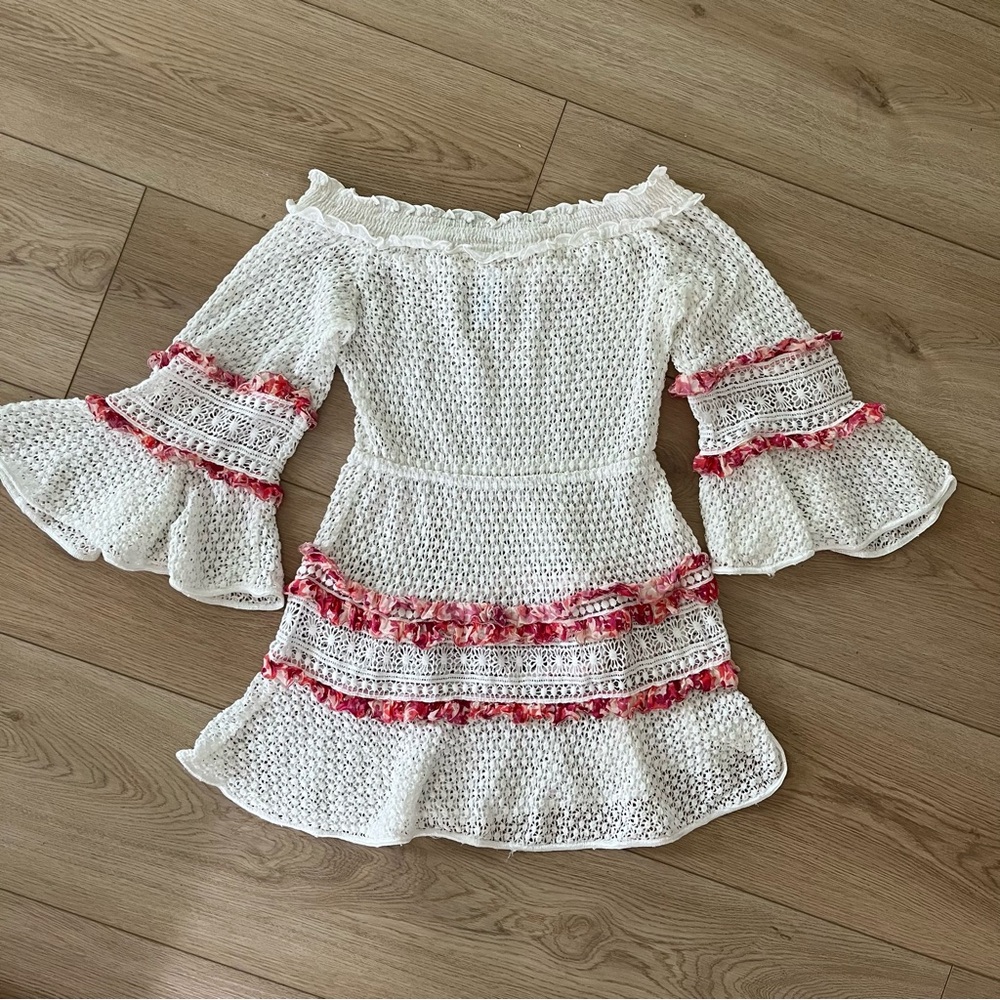 Chio Di Stefania Ruffle Knit Dress Summer Coverup Bell Sleeve Off Shoulder